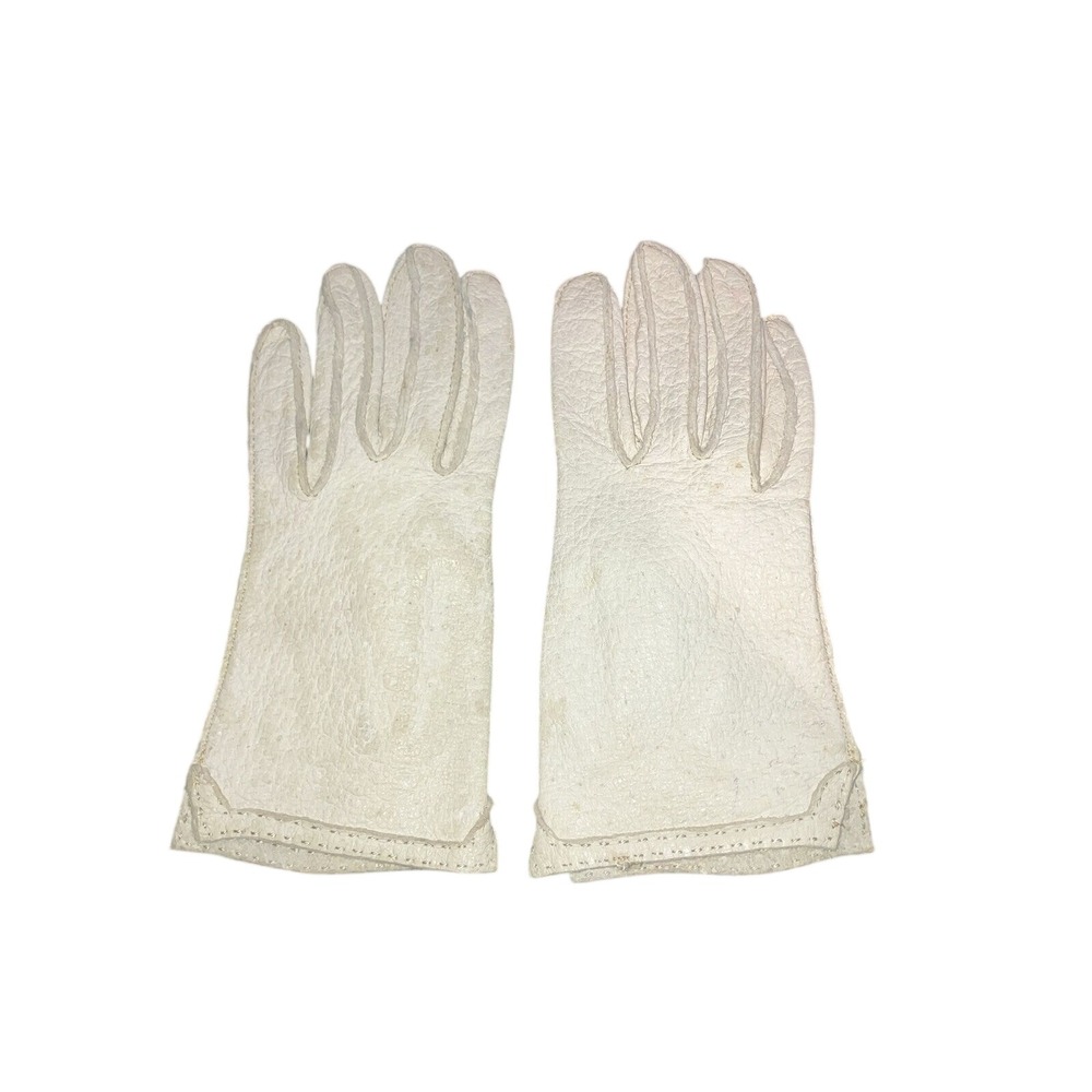 Ben Berger Vintage Off White Pebbled Leather Mid Length Gloves,‎ Cream Textured